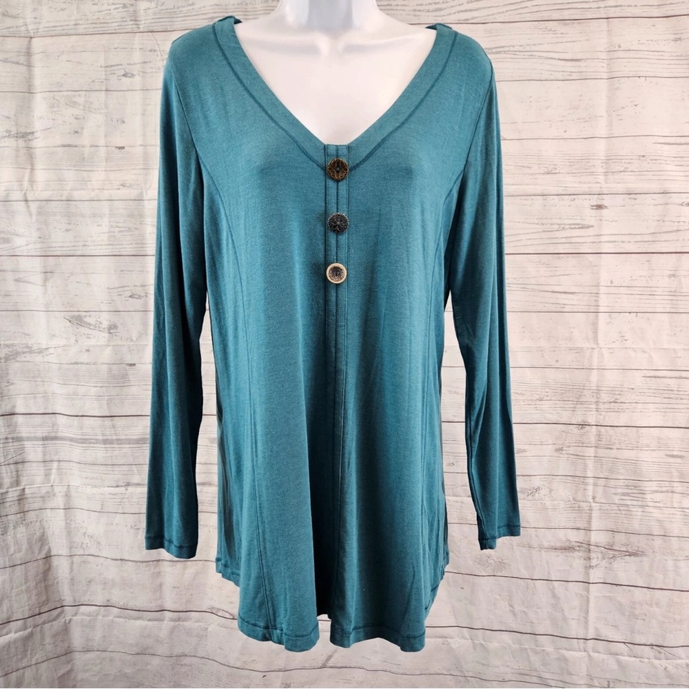 Soft Surroundings Teal Buttoned Long Sleeve Top Medium